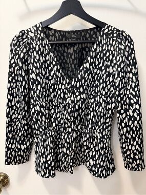 J. Crew Black and White V-Neck Peplum Blouse